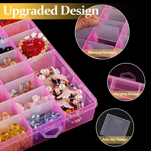 Miniatura 3 de Paquete de 2 cajas organizadoras de plástico rosa de 24 rejillas, contenedor de almacenamiento con divisor ajustable, organizadores de manualidades