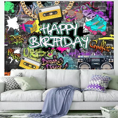 Miniatura 4 de InMemory Graffiti Hip Hop - Fondo de cumpleaños retro urbano para pared de ladrillo con cadena dorada, cinta grabadora de disco rock punk música