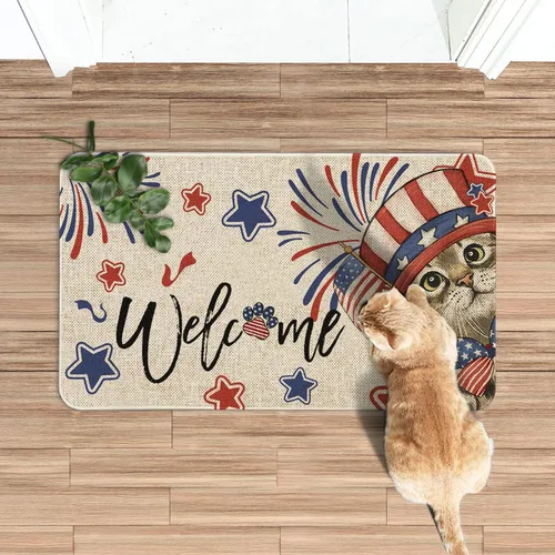 Miniatura 2 de Roszwtit Alfombra de 4 de julio para puerta 30 x 17 pulgadas, alfombra de gato para el día de la independencia, alfombra de entrada
