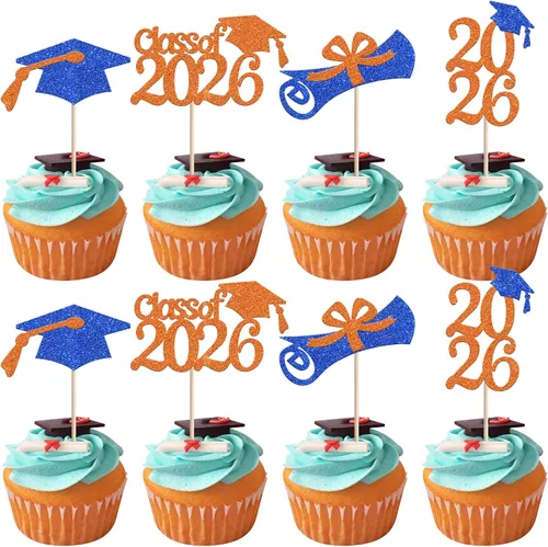 Miniatura 56 de Rsstarxi Paquete de 24 adornos para cupcakes de graduación 2026, con purpurina azul, para la clase de 2026, para diplomas, 24 piezas (6 diseños)