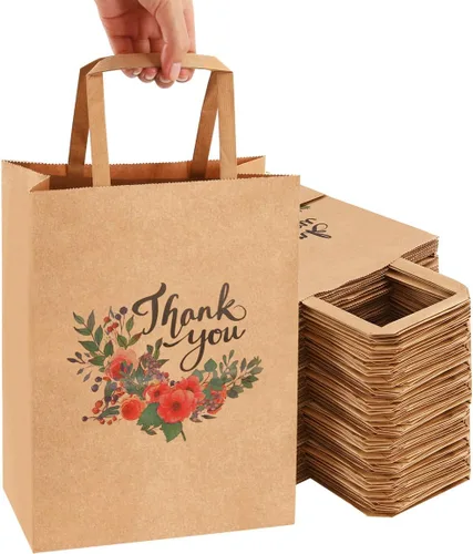 50 bolsas de regalo de agradecimiento a granel, 8 x 4.75 x10 pulgadas, bolsas pequeñas de regalo de papel de estraza con asas, bolsas para regalos