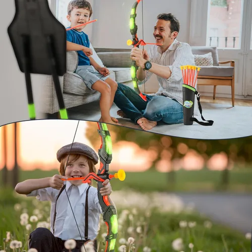 Miniatura 8 de Handwell Juego de arco y flecha para niños con luz LED, juego de tiro con 10 flechas de ventosa, juguetes para interiores y exteriores, con objetivo