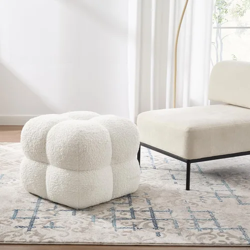 Miniatura 8 de Taburete otomano cuadrado, mesa de centro otomana Boucle con cobertura completa, taburete de tocador moderno, puf tapizado con reposapiés para Blanco