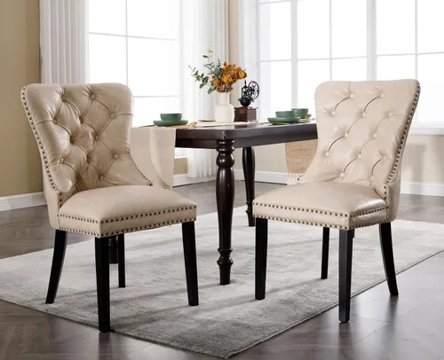 Shunzhi Juego de 2 sillas de comedor de cuero beige, modernas de mediados de siglo, sillas de cocina tapizadas con capitoné, sillas auxiliares de