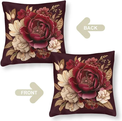 Miniatura 3 de Fundas de cojín de satén elegantes, decorativas florales burdeos, suaves y lujosas, elegantes fundas de almohada de terciopelo floral para sofá