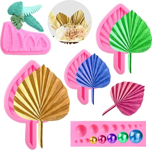 Molde de hojas de abanico de 5 piezas, moldes de hojas de palma, esferas de perlas, moldes de caramelo boho de silicona para fondant, molde de