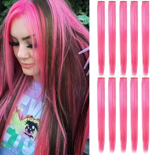 Miniatura 14 de Extensiones de cabello con clip de colores, 8 piezas de cabello sintético liso con reflejos azules y verde azulado