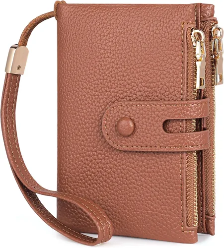 FALAN MULE Cartera pequeña de cuero para mujer, con bloqueo RFID, tarjetero plegable con bolsillos dobles con cremallera, Marrón claro
