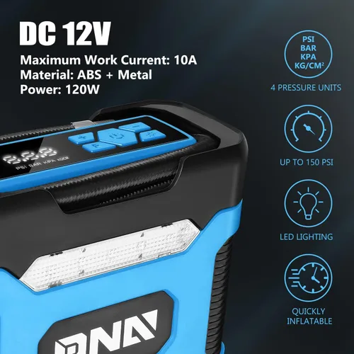 Miniatura 2 de DNA MOTORING TOOLS-00213 Inflador de neumáticos digital azul de 12V CC, compresor de aire portátil con manómetro para autos, bicicletas