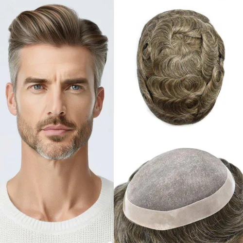 Miniatura 60 de Tupé para hombre, pieza de cabello humano real, monofilamento, tupé para hombres, postizos, unidades de sistema de reemplazo de cabello, gris