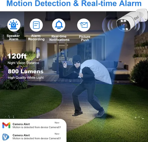 Miniatura 5 de JideTech Cámara bala IP PoE de 5MP para exteriores, visión nocturna IR/color de 120 pies, audio de 2 vías, detección de vehículos y humanos AI