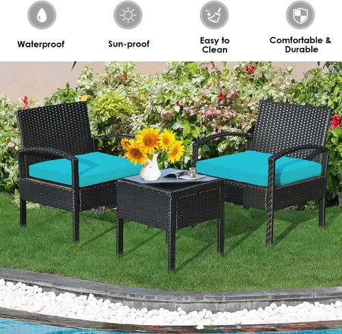 Miniatura 4 de RELAX4LIFE Juego de 2 sillas de patio con mesa auxiliar, juego de 3 sillas de porche con cojines extraíbles y mesa de cristal, sillas de mimbre