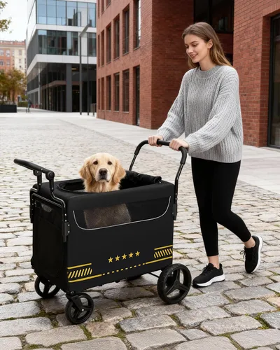 Miniatura 8 de Cochecito para mascotas todo terreno para perros medianos y grandes con rampa, cochecito plegable para perros con frenos, 3 entradas, asas
