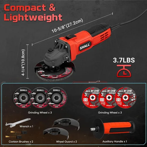 Miniatura 6 de SHALL Amoladora angular de 4-1/2 pulgadas, 11000 RPM, 4 amperios con 2 protecciones, 3 discos de corte, 3 muelas, mango antideslizante, llave