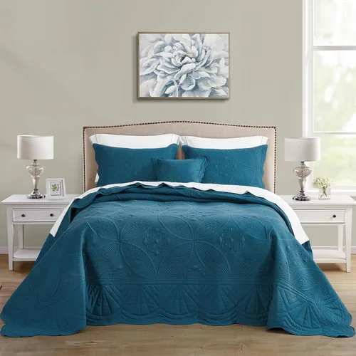 DaisyHuang - Juego de cama de tamaño completo - Juego de edredón moderno y contemporáneo, costura real, reversible, ligero, 5 piezas, azul