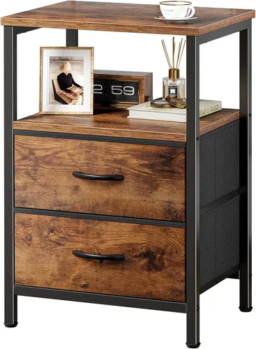 Miniatura 17 de Huuger Mesita de noche con 2 cajones, mesa auxiliar de cama con estante abierto, parte superior de madera, mesita de noche para dormitorio, mesa