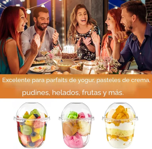 Miniatura 4 de Zezzxu Paquete de 50 Vasos de Postre de Plástico de 16 oz con Tapas de Cúpula (Sin Agujero) y Sporks, Vasos de Frutas Desechables Transparentes