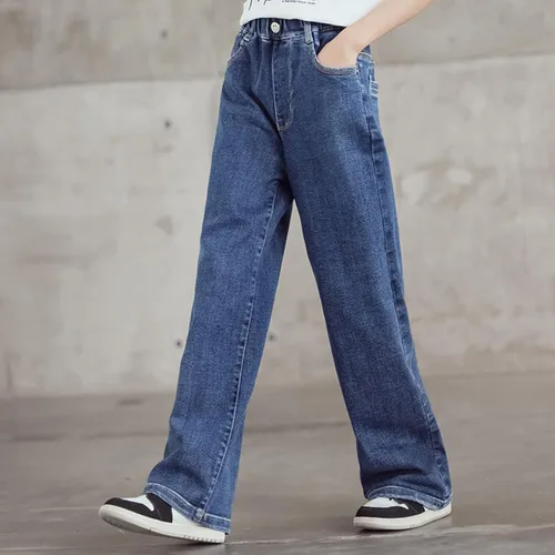 Miniatura 6 de birbyrrly Pantalones de mezclilla de pierna ancha para niñas, holgados, cintura elástica, pantalones de mezclilla casuales con bolsillos