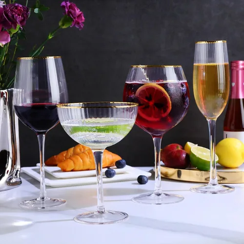 Miniatura 8 de Royalrose Juego de 4 copas de vino alegres de alta calidad, vasos soplados a mano de 14.2 onzas con borde dorado, diseño estriado, elegante embalaje