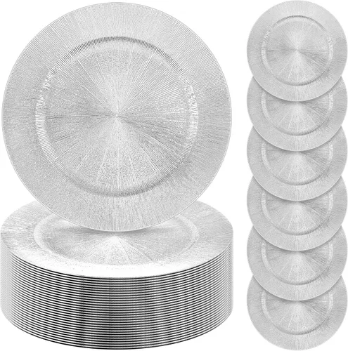 Tanlade 50 Platos Base Plateados al Por Mayor, Plato Base Redondo de Plástico de 13", Platos Base Brillantes Plateados para Mesa, Platos de Servicio