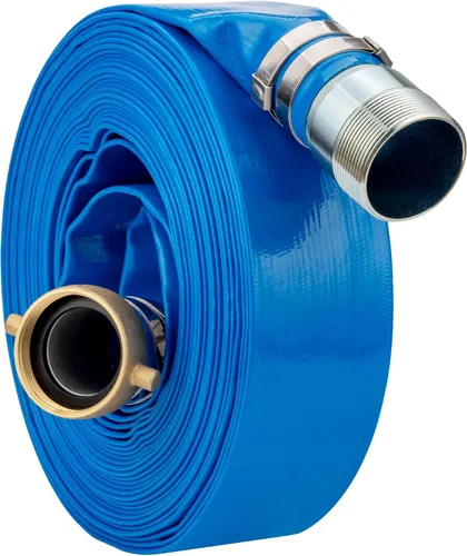 Manguera de descarga plana de PVC de 1.5 pulgadas de diámetro interior x 100 pies con orejeta de pasador NPT y accesorios de pezón KC, mangueras de