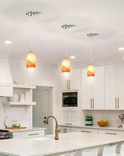Miniatura 34 de karyfine Mini lámparas colgantes de vidrio artístico para isla de cocina, hechas a mano en color teja con vidrio dorado, iluminación colgante