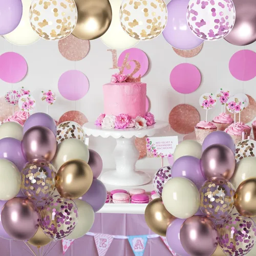 Miniatura 4 de Globos morados y dorados: 60 globos metálicos de lavanda y champán de 12 pulgadas con confeti para graduaciones, bodas, cumpleaños y celebraciones
