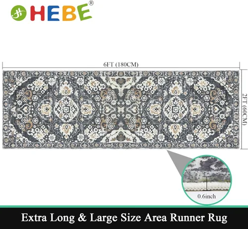 Miniatura 2 de HEBE Alfombra Pasillo 2'x6' Lavable Vintage Desgastada Alfombras de Área Antideslizante Alfombra de Lavandería Boho Alfombras de Piso para Pasillos