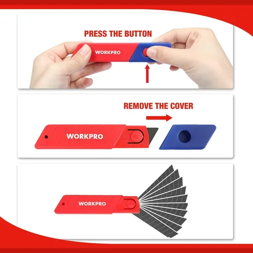 Miniatura 6 de WORKPRO Cuchillo Utilitario Retráctil de 18mm, Cortador de Caja de Alta Resistencia con 10 Piezas de Cuchillas SK5 para Cartón, Cartón Duro y Cajas