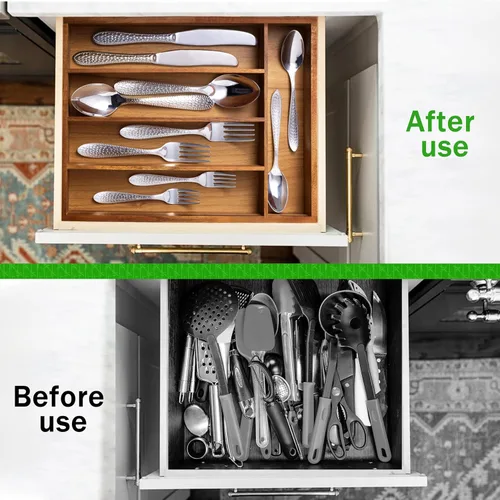 Miniatura 5 de Greenual Organizador de cubiertos de madera de acacia de 10 pulgadas, organizador de utensilios de cocina, bandeja para cajón y cubiertos