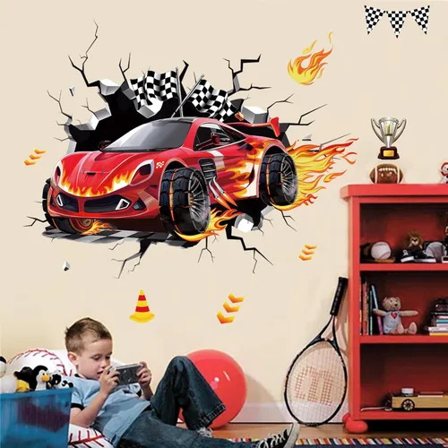 Miniatura 2 de decalmile Calcomanías de pared de autos de carreras 3D, banderas de coches rojos, calcomanías de pared para habitación de bebé, habitación de niños