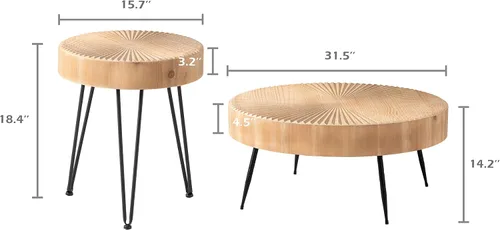 Miniatura 2 de Juego de mesa de centro estilo granja de 2 piezas, redonda con patrón radial de madera artesanal, juego de mesa de café moderna para sala de estar