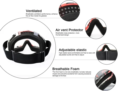 Miniatura 3 de FMY Gafas de motocross para hombres, mujeres y jóvenes, antiarañazos, a prueba de polvo, UV400 ATV Lente negro y rojo-transparente