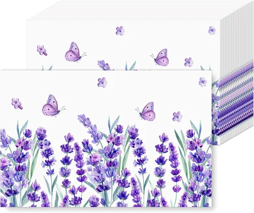 AnyDesign Paquete de 50 manteles individuales desechables de papel lavanda, flores moradas, mariposas, manteles individuales de temporada,