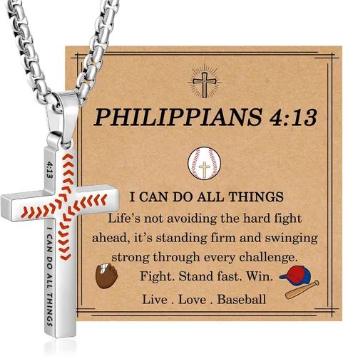 Miniatura 12 de Regalos de Pascua para niños y adolescentes, collares de cruz de béisbol para niños y hombres, de acero inoxidable que no destiñe, collar