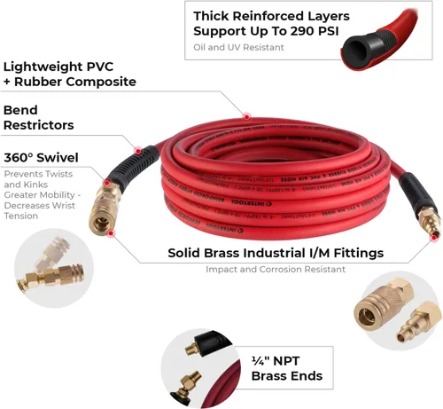 Miniatura 2 de INTERTOOL Manguera de compresor de aire 1/4-pulgada x 25 pies, ligera con acoplador rápido resistente y enchufe de servicio pesado - Resistente a
