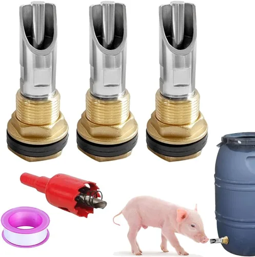 Joywayus 3 bebederos automáticos de acero inoxidable para pezón de cerdo + 3 conectores de tanque de agua de latón para mamparo + 1 kit de abridor