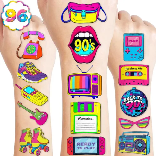 Tatuajes temporales retro de Regreso a los años 90 y 80 para niños, diseños coloridos, 96 piezas, perfectos para fiestas temáticas de cumpleaños,