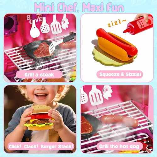 Miniatura 4 de Parrilla de juguete para niños, juego de parrilla de barbacoa con luz y sonido, efecto de humo y 2 ruedas, comida de juguete, accesorios de cocina