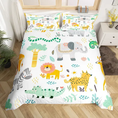 Miniatura 14 de Feelyou Juego de ropa de cama de animales del zoológico, tamaño individual, funda de edredón de animales de dibujos animados para adolescentes