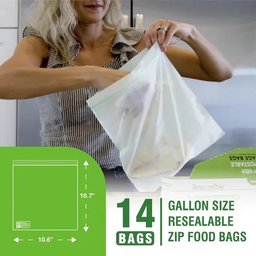 Miniatura 2 de Responsible Products Bolsa con cremallera resellable de gran galón compostable certificada, bolsas de alimentos extra resistentes, hechas