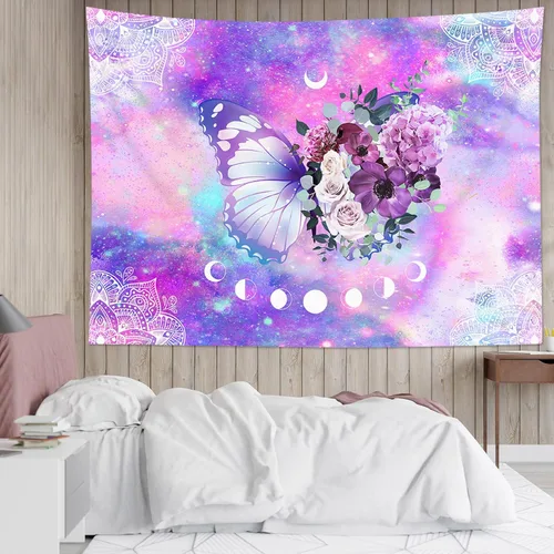 Miniatura 11 de HVEST Tapiz retro rojo de hongos para colgar en la pared, diseño floral rosa con fresa y mariposa en beige, tapiz para dormitorio, flores, plantas