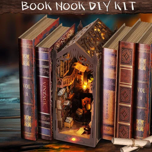 Miniatura 2 de Kit de rincón de libros de bricolaje: estante de rompecabezas de madera 3D con luz LED, decoración de sujetalibros en miniatura para adultos