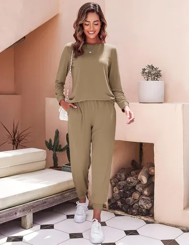 Miniatura 140 de Ekouaer Conjunto de pijama de manga larga para mujer, ropa de dormir suave con cuello redondo y bolsillos