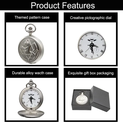 Miniatura 4 de SIMAOTE Fullmetal Alchemist Pocket Watch Vintage Quartz Pocket Watch with Chain for Men Women Cosplay Accessories Anime Merch