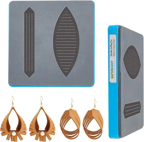 SUPERDANT Troqueles de corte de cuero con borlas, 2 formas, aretes de cuero, troquelados con flecos, troquelados de madera, aretes colgantes, Gota