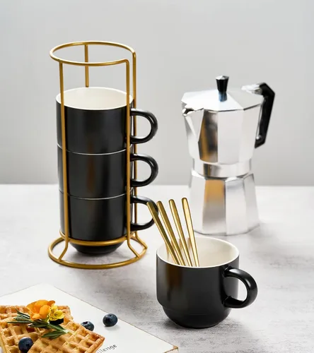 Miniatura 3 de YHOSSEUN Juego de 4 tazas de café apilables de porcelana con estante, tazas de café expreso con cucharas de soporte, tazas de café demitasse de 11
