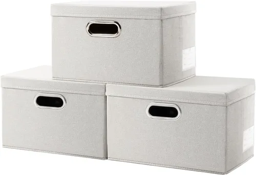 Miniatura 12 de PRANDOM Contenedor de almacenamiento plegable con tapa [1 unidad] Caja de almacenamiento decorativa de tela de lino, cesta organizadora con asas