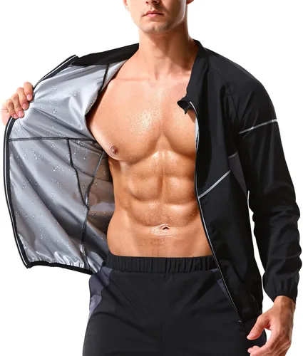 LAZAWG Traje de sauna para hombre, manga larga, sudadera con cremallera, chaqueta de sauna para gimnasio, entrenamiento, ejercicio Negro