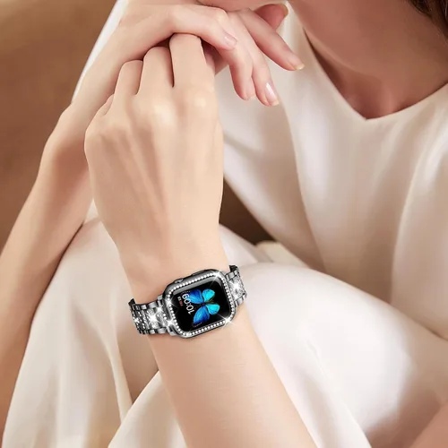 Miniatura 6 de SUPOIX - Correa compatible con Apple Watch de 1.49 pulgadas + funda, joyería para mujer con diamantes brillantes, bandas de metal y 2